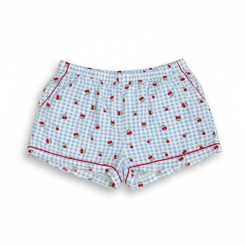 Cherry Gingham Rayon Lounge Shorts L Blue White